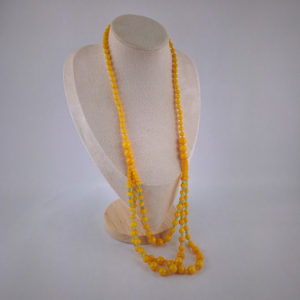 Vintage Graduated Yellow Stone Look 5 Strand Necklace Green Accent Beads - Picture 13 of 13